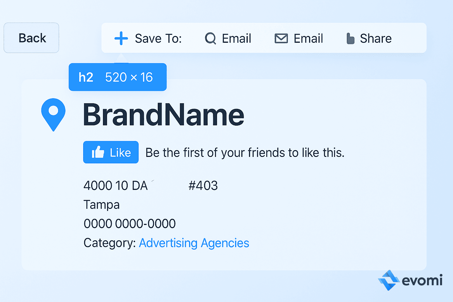 HTML structure showing the company name in an H2 tag on Amfibi