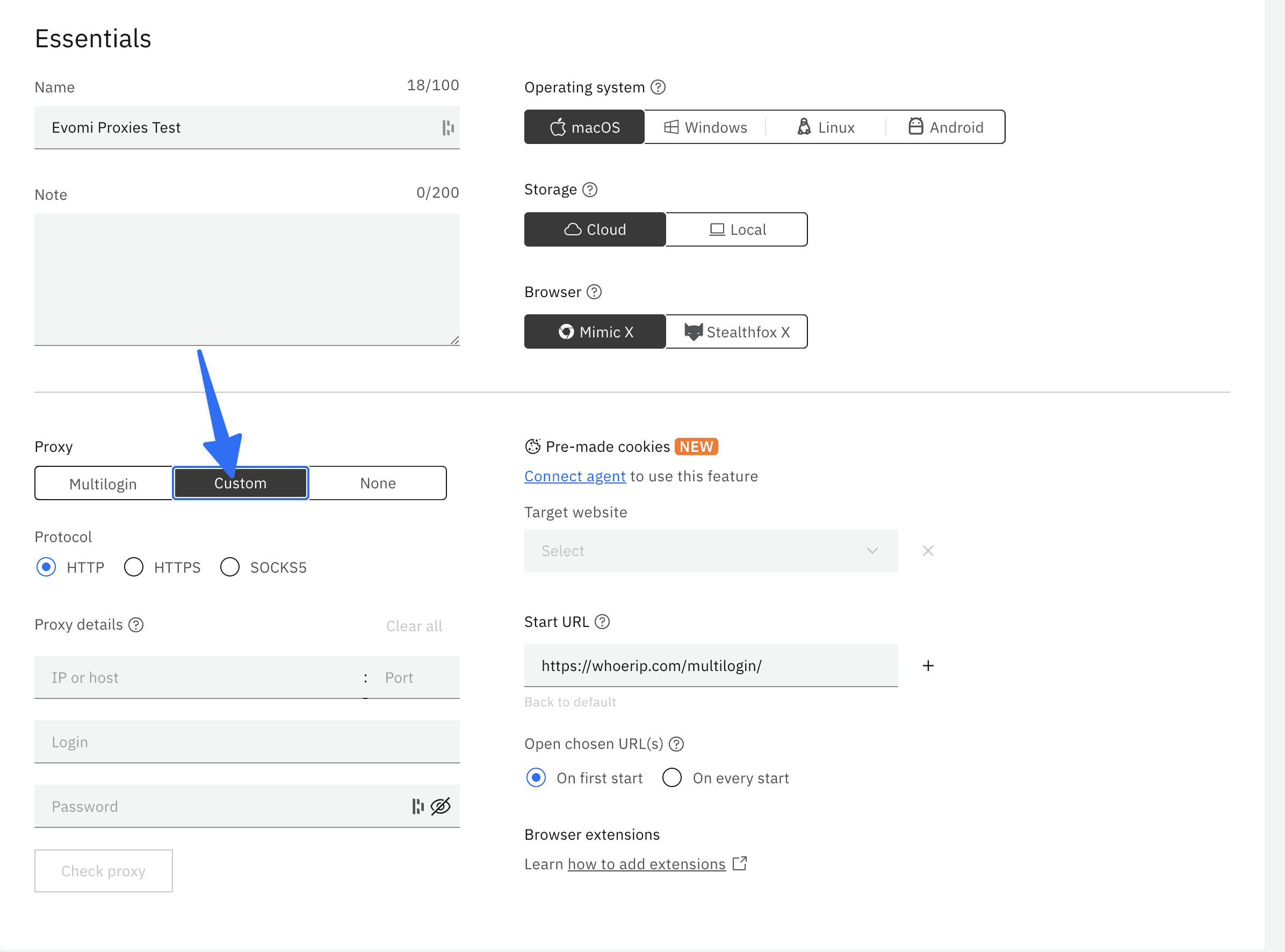 Selecting the Custom proxy type in Multilogin