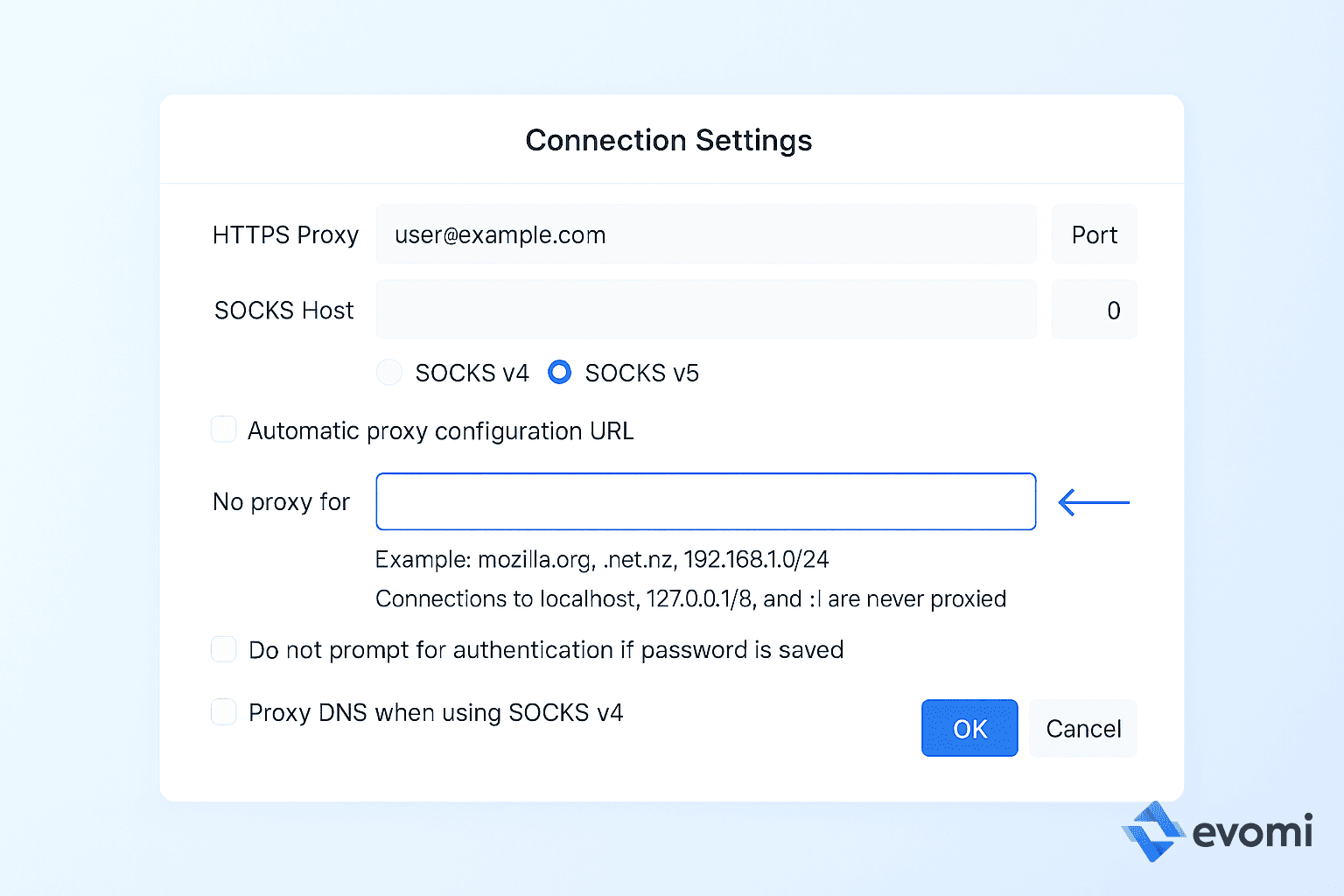 Firefox Connection Settings highlighting the 'No proxy for' field