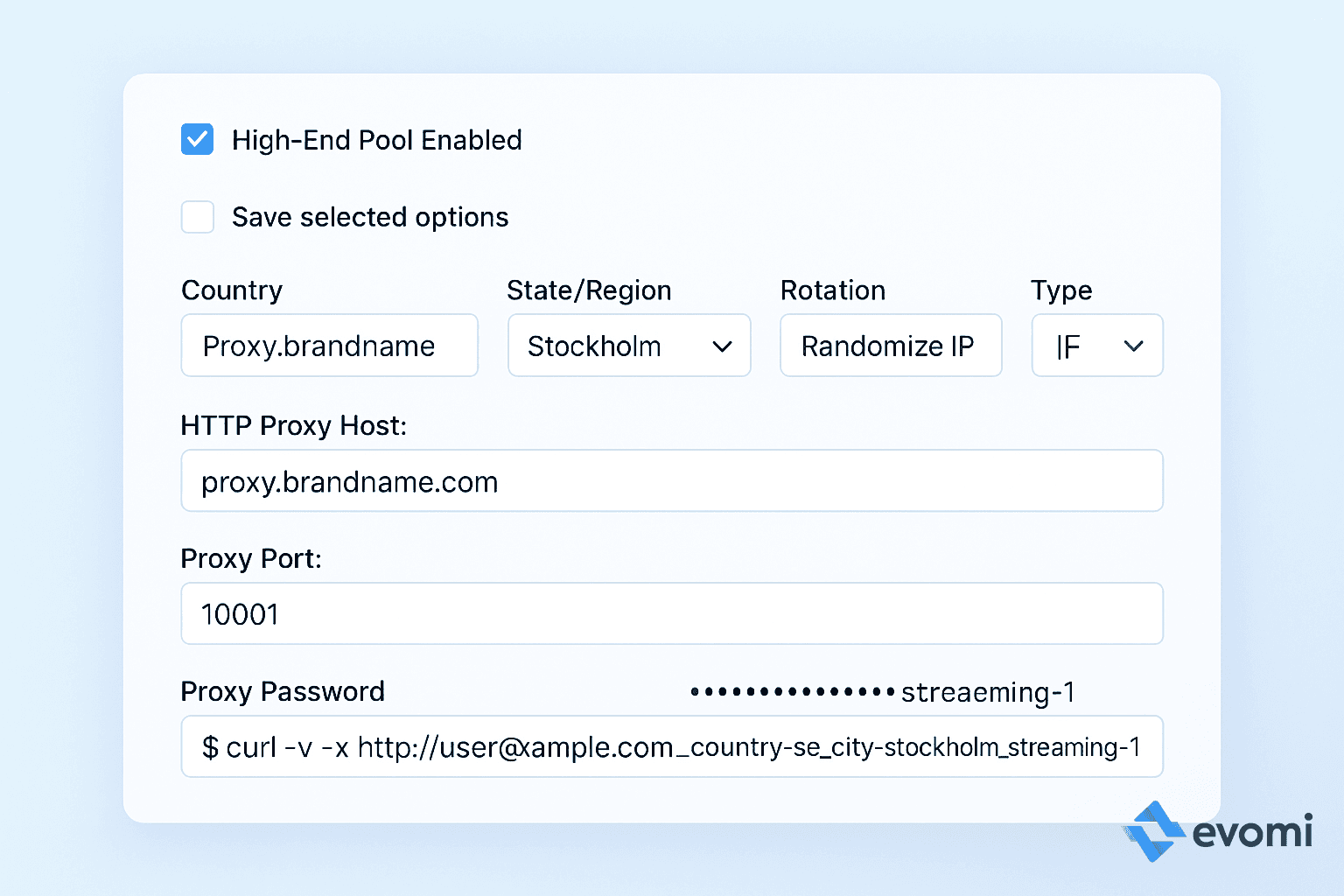 Example proxy dashboard view - check your Evomi account for details