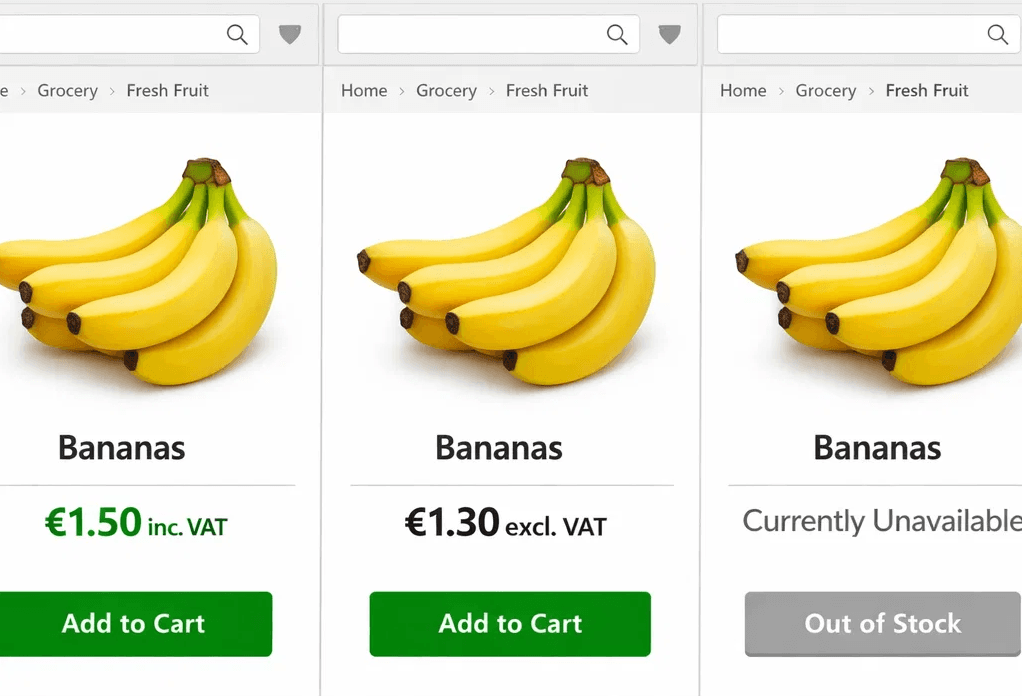 Three identical product listings for bananas showing varying prices and stock availability on an e-commerce website