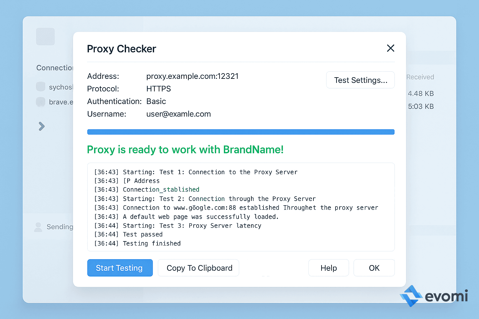 Testing the proxy connection within Proxifier