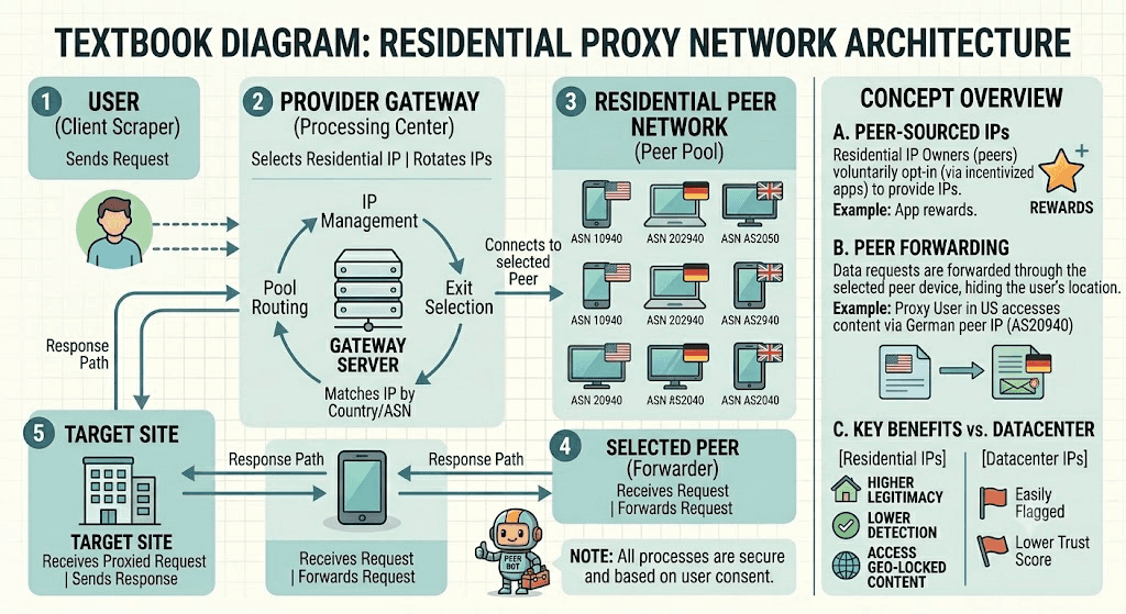 Diagram: client scraper sends request to provider gateway; gateway selects an exit peer (a home device) by country/ASN; peer forwards request to target site; response travels back through the peer and gateway to the client