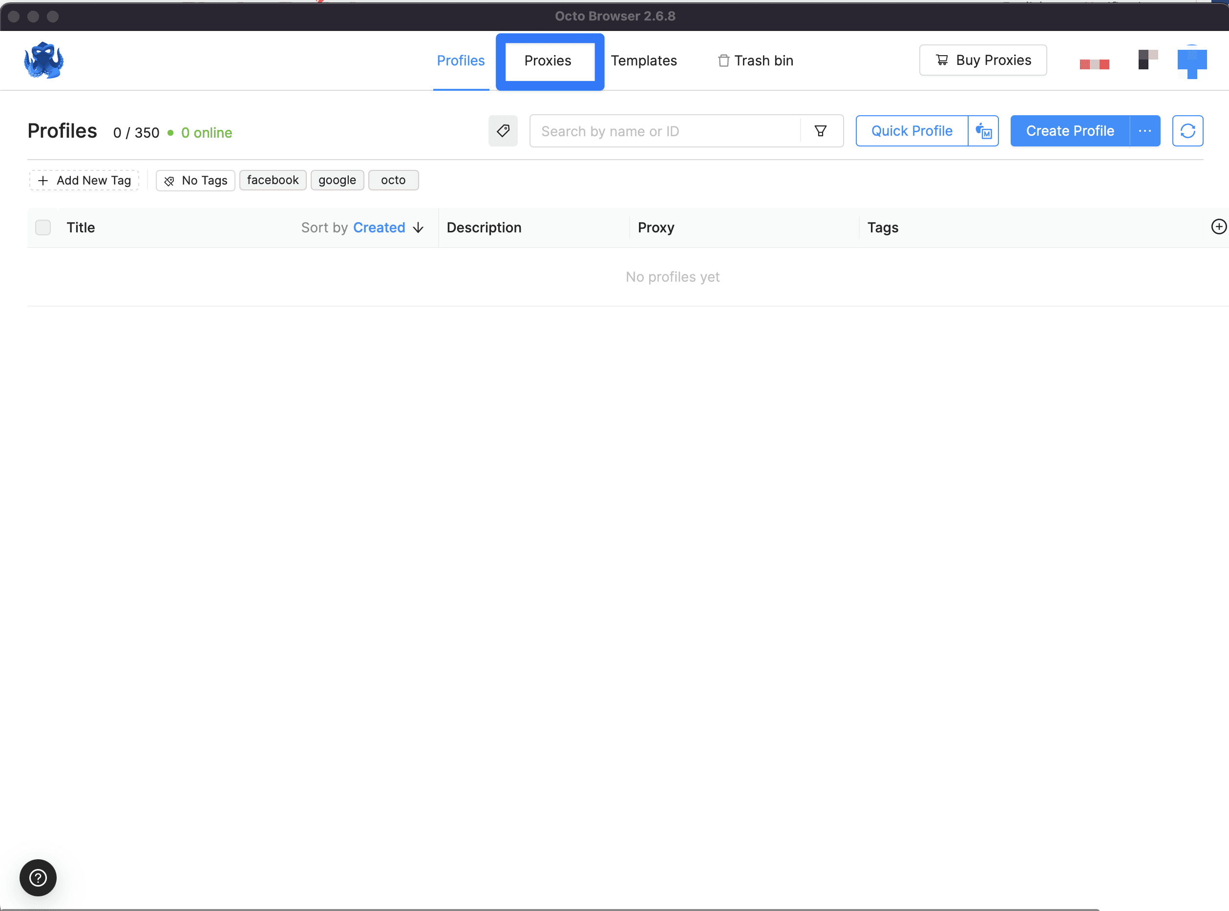 Octo Browser Proxies tab and Proxy Manager