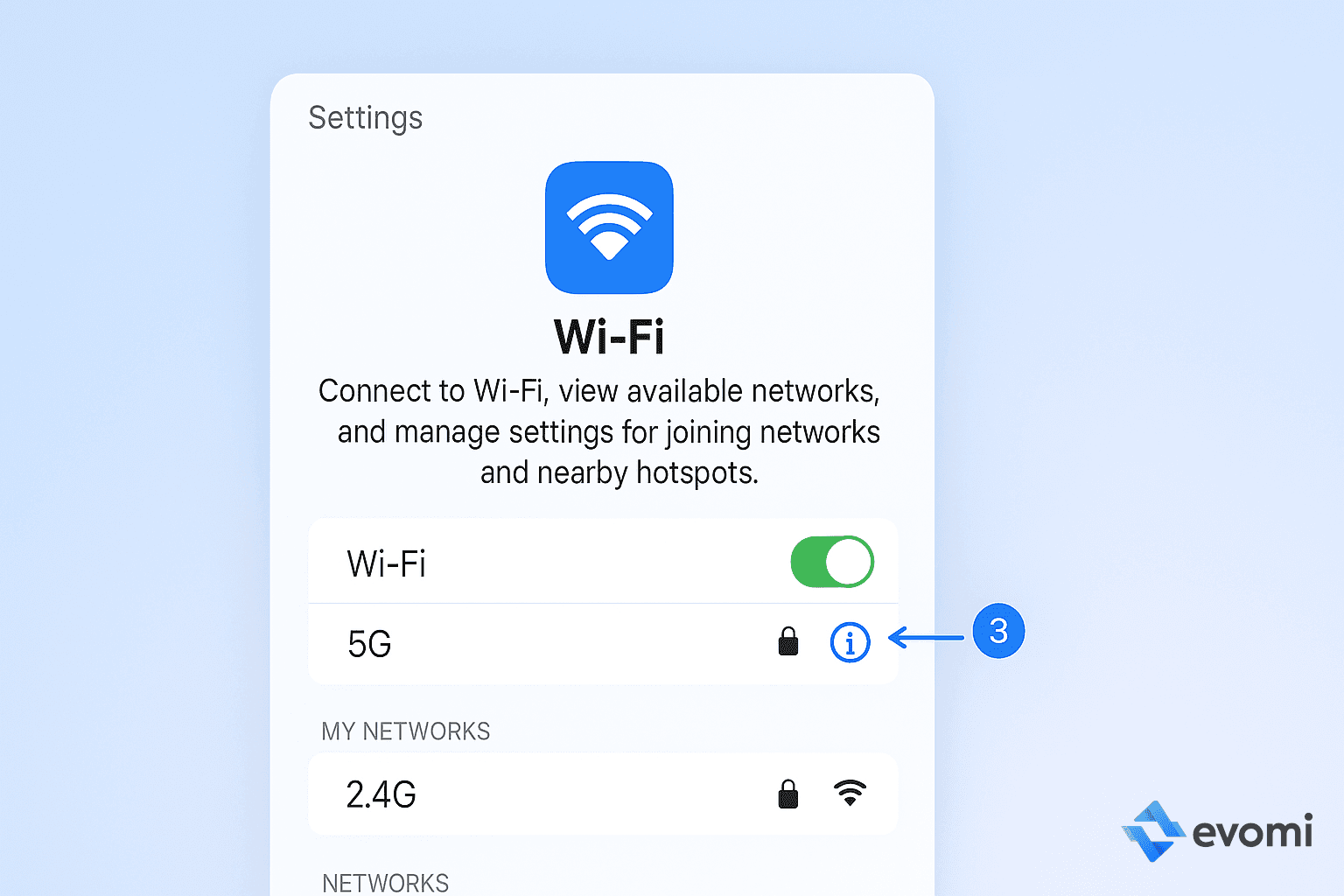 iOS Wi-Fi networks list with info icon highlighted