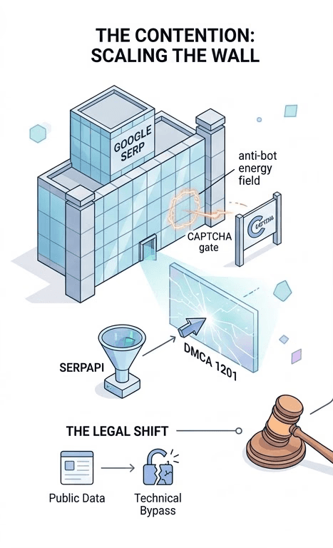 An illustration showing Google SERP protected by an anti-bot energy field being breached by SerpAPI via DMCA 1201