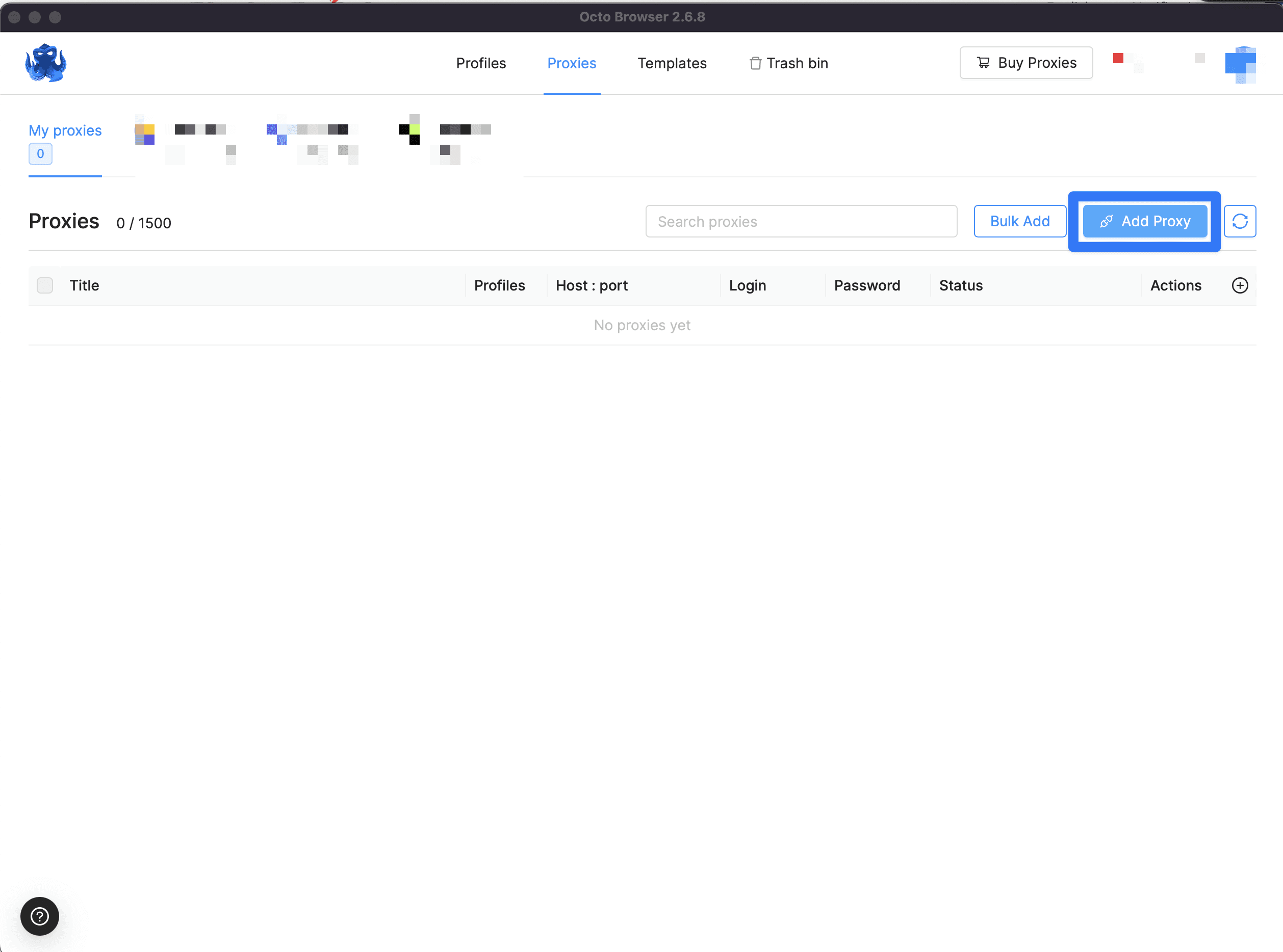 Add Proxy button in Octo Browser