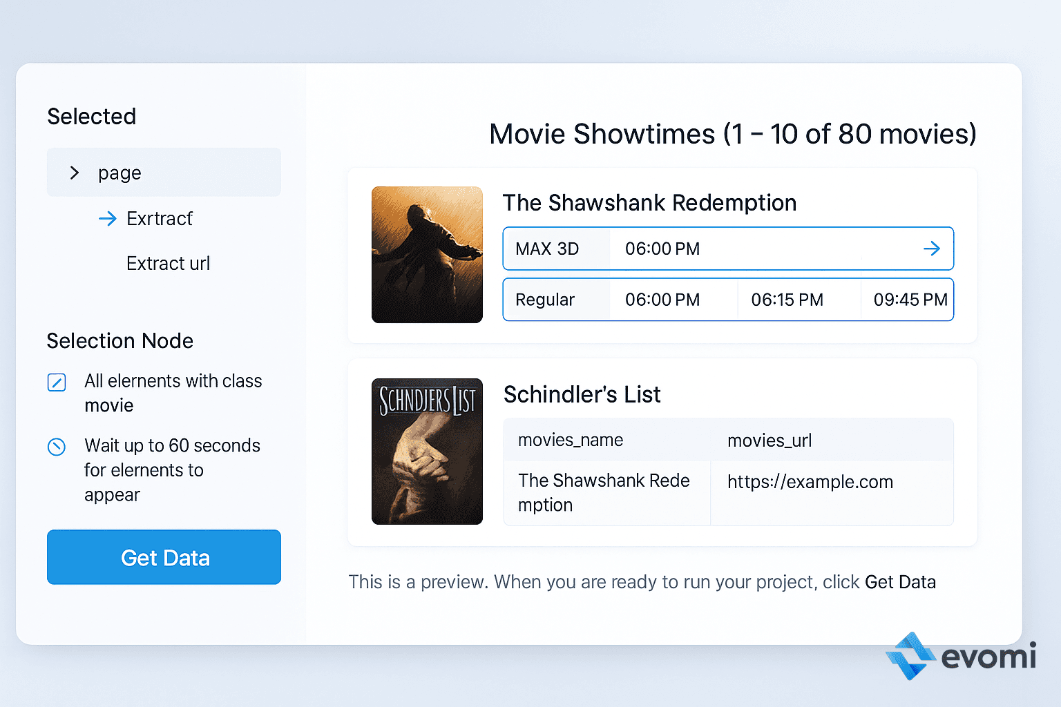 ParseHub interface selecting movie titles and runtimes