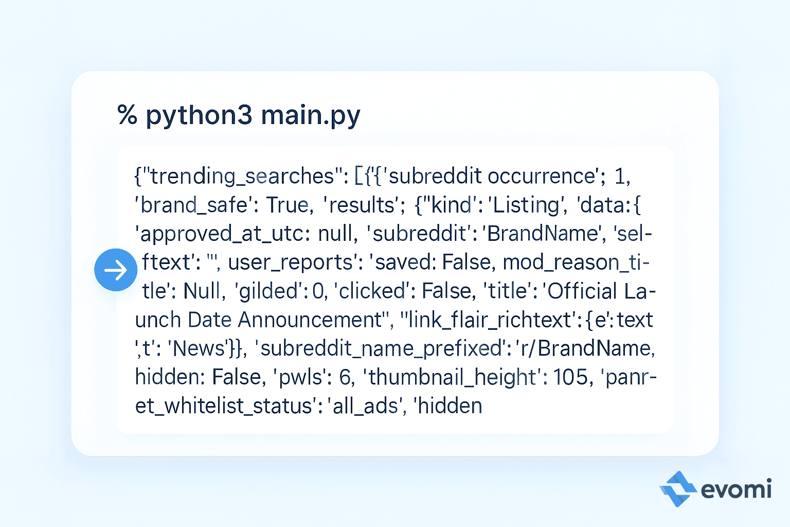 Terminal output showing the JSON data received from the Reddit API endpoint