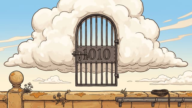 A tall arched iron gate with vertical bars and a bolted plate reading 1010 set into the front of a big white cloud, seen over a sandstone parapet with weeds and a coil of rope on it.