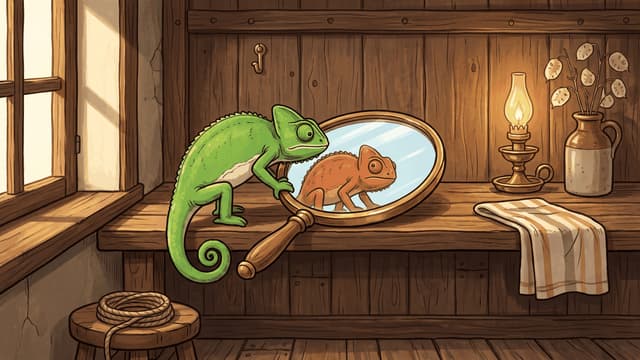 A green chameleon on a wooden shelf holding up a brass-framed hand mirror in which its own reflection appears orange instead of green, beside an oil lamp and a stoneware jug of honesty seed heads.