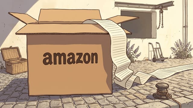 A large cardboard carton hand-lettered amazon in plain dark letters on its front, a long ruled paper receipt strip spilling from the open top, standing in a cobbled loading yard with a hoist beam and a hand truck.