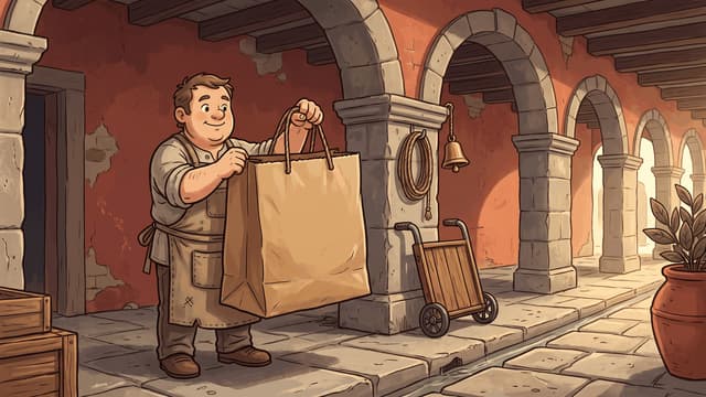 A stout shopkeeper in a canvas apron holding open a big kraft paper shopping bag with rope handles, standing in a stone arcade with terracotta walls, a hanging bell and a wooden hand truck.