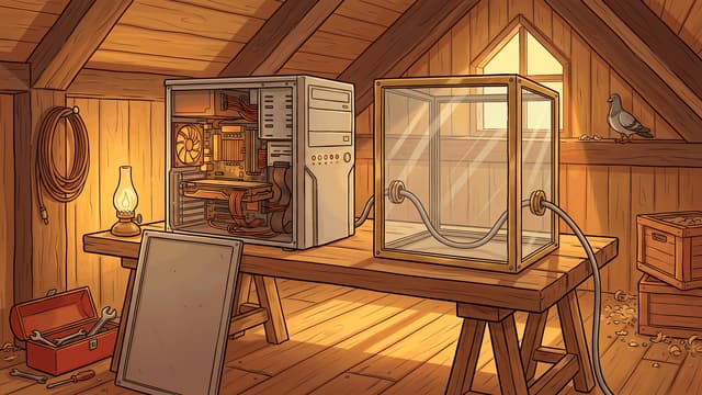 An open computer tower packed with a fan, stacked circuit boards and bundled orange cabling standing on an oak trestle bench in a warm timber loft, beside a glass-walled brass box of the same height that is empty inside except for one grey cable entering one side and leaving the other, with a lit oil lamp, a coil of cable on the wall, a red toolbox on the floor and a pigeon at the gable window.