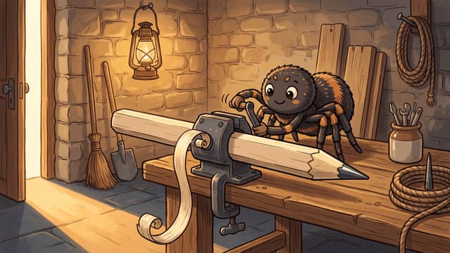 A cartoon spider at a workbench working a blade against an oversized carpenter's pencil clamped in a vice, a long curl of shaving coming off it, with a lit lantern on the stone wall behind.