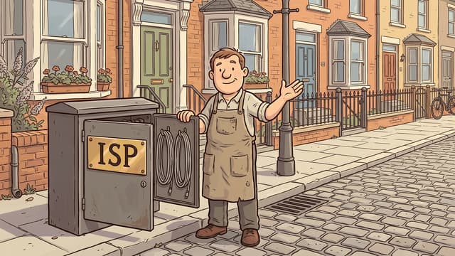 A shopkeeper in an apron standing beside an opened grey street cabinet, coiled cable inside its door and a brass plate lettered ISP on the front, in front of a row of brick terraced houses.