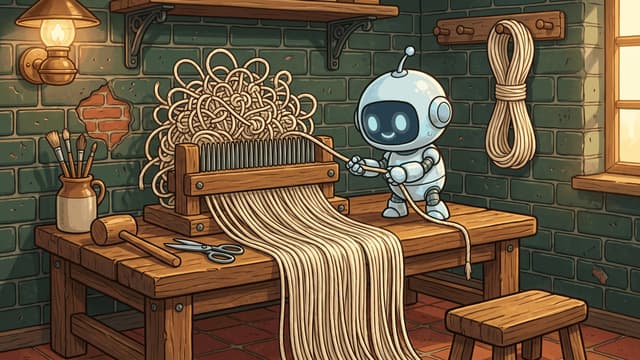A small round robot drawing a tangled skein of cord through the teeth of a wooden heckling comb, the cord coming out the other side as smooth parallel strands down the bench, in a green glazed-brick workroom.