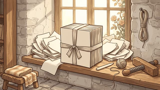 A thick block of paper sheets squared up and tied with cloth tape sitting on a windowsill beside a loose sprawling heap of the same sheets, in a pale stone room with roses at the window.