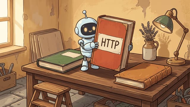 A small round robot holding up a thick red-bound book with a paper label hand-lettered HTTP on its cover, other worn books on the desk beside it and a green-shaded lamp to the right.