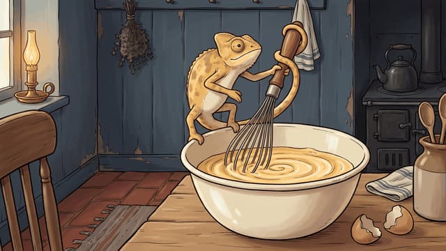 A sandy-yellow chameleon standing at a big white mixing bowl working a balloon whisk through beaten egg, broken shells on the table beside it, in a blue-panelled kitchen with a stove, kettle and oil lamp.