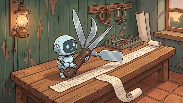 A small round robot standing at a workbench holding up a large folding knife with four blades open, over a long paper strip covered in fine ink marks that spills off the bench, with a lit brass lamp and coils of cord on the green boarded wall behind and a tray of tools at the right.