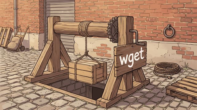 A timber windlass standing over an open hatch in a cobbled yard, its rope lifting one plain wooden crate up out of the hatch, and a wooden board fixed to the frame hand-lettered wget in cream, with an old brick wall, a coil of rope and stacked pallets around it.