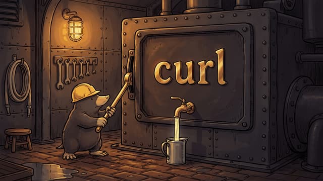 A mole in a yellow hard hat pulling down a long lever on the side of a big riveted iron machine whose faceplate carries the word curl in raised brass letters, a brass tap below it running a stream of liquid into a metal mug, in a dim brick-floored engine room lit by a caged amber lamp.