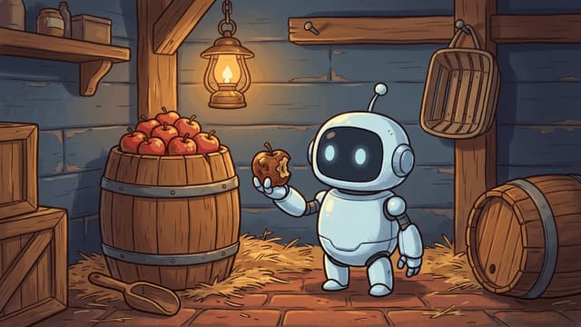 A small round robot standing in a dim timber cellar holding up one brown rotten apple beside an open barrel heaped with sound red apples, straw over the brick floor, a lit lantern hanging above and a second barrel tipped on its side at the right.