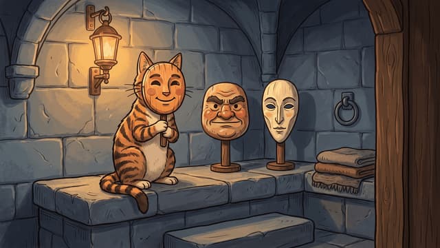 A ginger tabby cat sitting on a stone bench in a vaulted cellar, holding up a painted wooden mask of a smiling cat's face in front of its own head, two other carved masks standing on stands beside it, a lit brass lantern on the wall and folded cloths at the right.