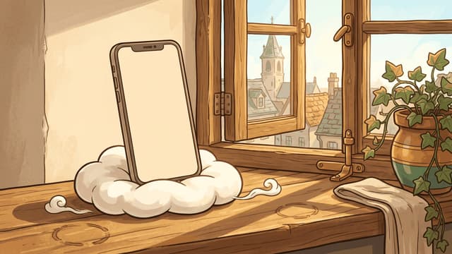 A plain unbranded handset standing upright with a completely blank cream screen, resting on a small white cloud used as a cushion on a broad wooden windowsill, an open casement beside it looking out over tiled roofs and a church spire, with an ivy plant in a glazed pot.