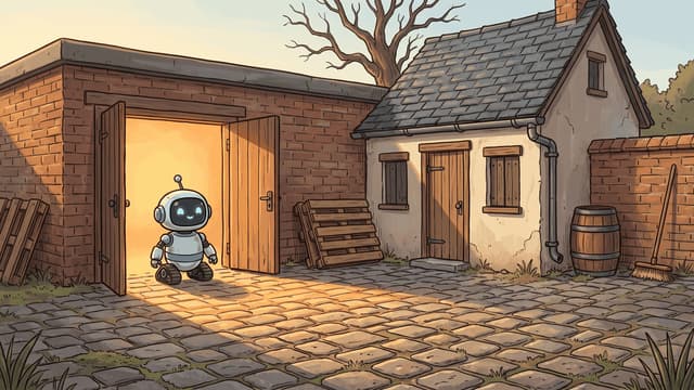 A small round robot standing in the open doorway of a brick shed lit warm amber from inside, a stone cottage with a slate roof and closed timber shutters standing dark and shut beside it across a cobbled yard, with stacked pallets, a barrel and a broom around them.