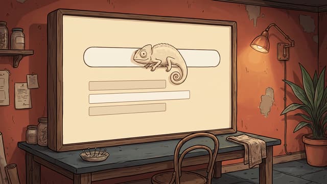 A large upright screen on a slate-topped table, its cream face carrying one long empty rounded field across the top and three blank bars of different lengths listed below it, with a pale chameleon sitting in the middle of that rounded field, drawn in the same cream as the screen behind it so that it reads mainly as an outline, its round eye, gripping feet and curled tail picked out, in a room of terracotta-red plaster with a lit brass lamp and a potted aspidistra.