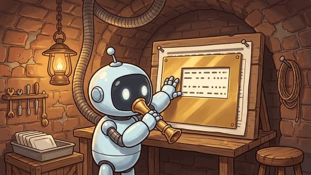 A small round robot in a brick-vaulted cellar holding a brass mouthpiece on a ribbed flexible tube up to its face with one hand, while with the other it presses a large brass stencil plate flat against a sheet pinned to a timber board so that one block of the sheet's dashed marks shows through the stencil's rectangular window, with a lit brass lantern, a rack of tools and a tray of blank plates around it.