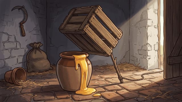 A plain wooden crate propped up at one corner on a stick with a cord tied to it, set as a trap over an open earthenware pot of honey that has run down its side onto the brick floor of a dim stone barn, with a sack, a tipped flowerpot and a scythe blade on the wall, and bright daylight in the doorway.