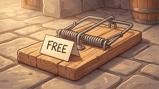 A large hand-made wooden mousetrap on a stone floor, baited with a small cream card hand-lettered FREE where the cheese would go