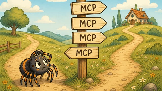 A puzzled cartoon spider at a crossroads signpost carrying four identical MCP arrows, three pointing one way and one pointing the other