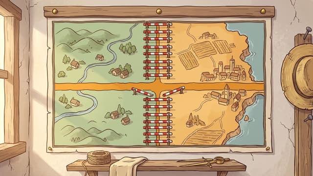 A large map pinned to a plaster wall showing a green hilly country on the left and a sandy amber country with a coastline on the right, divided by a close line of red and white striped barriers running from the top of the map to the bottom, with one wide amber road running left to right across the whole map and passing through a gap where two of the barriers are snapped and hanging aside, and a shelf below holding a coil of string, a folded cloth and a pair of dividers.