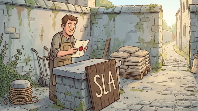A man in a canvas apron standing at a stone table in a walled cobbled yard holding up a folded sheet of paper closed with a red wax seal, a dark wooden board propped against the table lettered SLA in cream, with a sack barrow, a coil of rope, a pallet of stacked beige sacks and ivy on the stone walls.