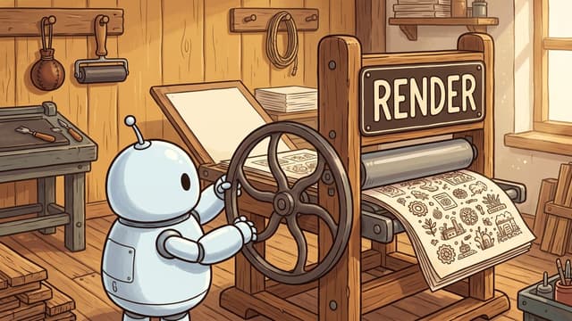 A small round pale blue robot turning the big spoked iron wheel of a wooden flatbed press, a blank cream sheet lying on the open bed and a sheet covered in printed drawings coming out over the roller at the right, a dark plate on the press frame lettered RENDER in cream, in a timber print shop with an ink roller and a dabber on the wall and a stack of paper on a shelf.