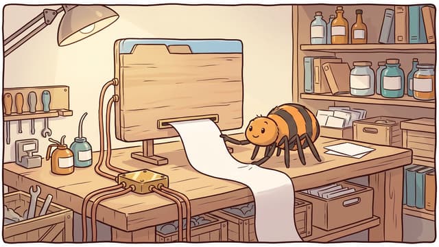 A friendly cartoon bug with black and orange stripes stands on a wooden workbench, pulling a long white strip of paper out from a slot in a wooden display screen, which connects via wires to a small relay box on the desk.