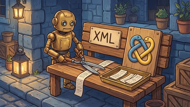 A golden robot stands beside a wooden bench, using large metal shears to cut a long paper scroll covered in lines of text into smaller strips that rest in a tray next to a sign labeled "XML" and a wooden panel featuring a blue and yellow snake logo.
