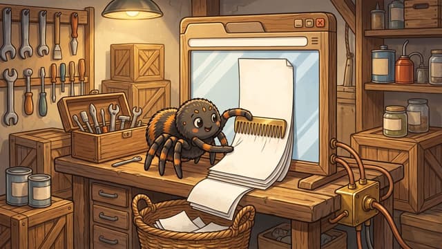 A friendly cartoon spider sits on a wooden workbench in a workshop, holding a golden comb against a long stack of white paper emerging from a large wooden monitor, surrounded by a wooden toolbox, hanging hand tools, and connected copper pipes.