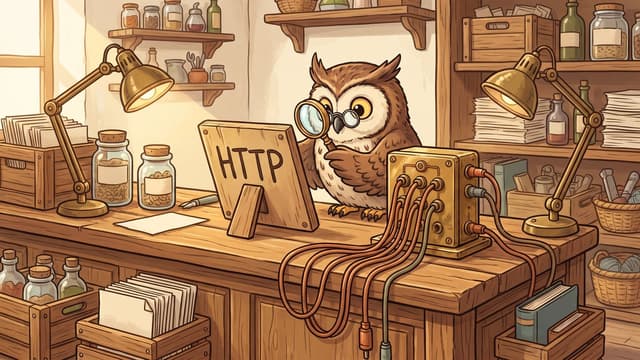 An owl wearing eyeglasses stands behind a wooden desk, using a magnifying glass to examine a wooden plaque labeled "HTTP" next to a metallic junction box with multiple attached cables between two illuminated desk lamps in a room filled with shelves and glass jars.