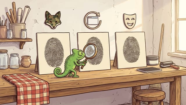 Three cream test cards standing in a row on a pale wooden workbench, each printed with one large inked fingerprint, with three emblems on the plaster wall above them: a camouflage-patterned fox head, a browser window inside a circular arrow, and a smiling theatre mask. A green chameleon stands on the bench holding a magnifying glass up to the middle card, with jars, a shelf of rolled paper, an ink roller and a checked cloth around it.
