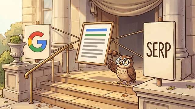 A single framed search-result card, its page showing a blue heading bar, a green line and grey rules, standing upright on courthouse steps between two boards and pulled towards each of them by a taut rope: the board on the left carries the four-colour Google G and the board on the right is lettered SERP. A brown owl in round spectacles stands on the steps below the card holding a wooden gavel, between stone columns and brass handrails.