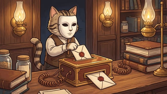A striped cartoon cat in a waistcoat holds a plain featureless white mask over its face in a lamplit panelled hall while posting a sealed letter into a slot on a brass and mahogany junction box, an identical sealed letter emerging from the far side.