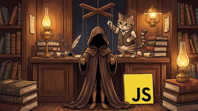 A striped cat wearing a vest stands on a wooden desk and operates the strings of a wooden marionette dressed in a dark hooded cloak, set within a library with bookshelves, lit oil lamps, stacks of books, and a yellow square displaying the black letters "JS".