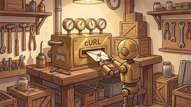 A small golden robot stands at a wooden workbench and inserts a sealed envelope into a slot on a brass machine labeled "CURL", which is topped with four circular dial gauges inside a rustic workshop filled with tools, wooden crates, and shelves.