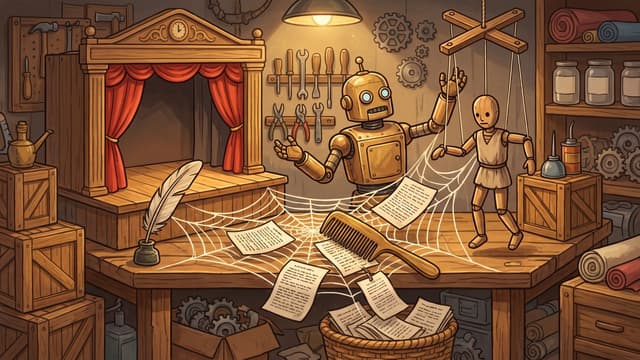 A golden robot stands inside a workshop between a miniature wooden stage with red curtains and a wooden marionette on strings, gesturing with raised hands above a large spiderweb filled with printed document pages and a wooden comb on a wooden table.