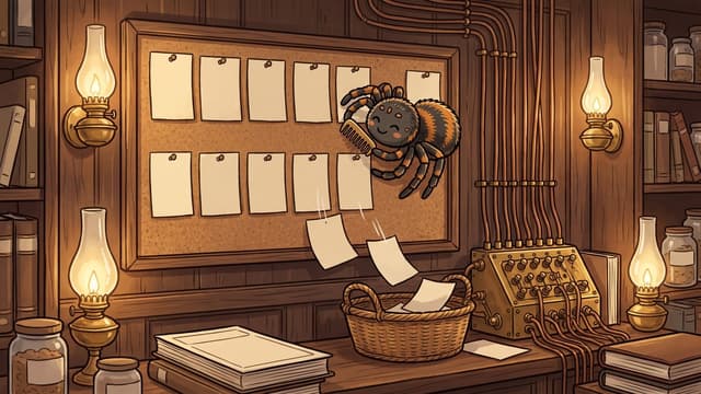 A smiling cartoon spider holding a small comb scrapes blank pinned papers off a framed corkboard, causing them to drop into a woven basket on a wooden desk alongside a brass electronic control panel connected to copper pipes and surrounded by lit oil lamps.